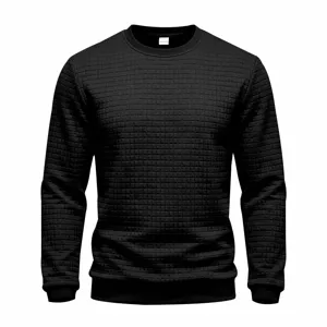 Men black waffle knit crewneck long sleeve sweatshirt casual basic solid pullover top