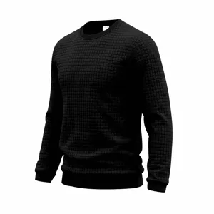 Black waffle knit long sleeve crewneck sweatshirt detail view texture fabric casual men
