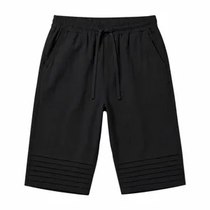 Close-up detail of men black casual cropped pants with drawstring waist and pleated cuff.
