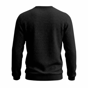 Men's black waffle knit long sleeve crewneck sweatshirt with detailed grid pattern.