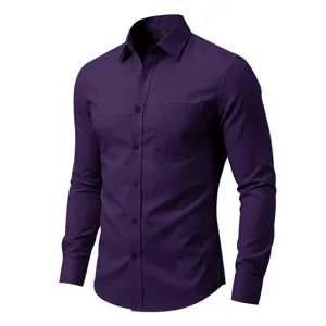 Camisa de manga larga morada oscura para hombre vista detalle, parte superior entallada.