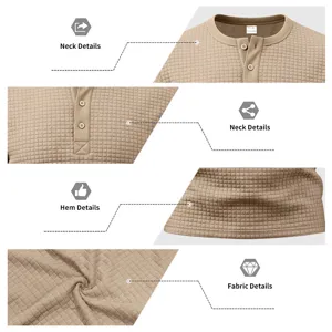 Detailed view of men's waffle knit long sleeve Henley shirt showcasing collar, hem and textured fabric.