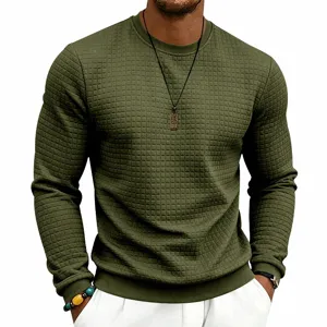 Mens army green jacquard sweatshirt detail showing waffle textured fabric, crewneck and long sleeves.