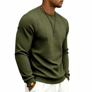 Men's solid color waffle knit long sleeve crewneck sweatshirt casual basic pullover top