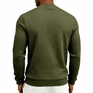 Back detail view of men's army green waffle knit crew neck long sleeve casual shirt.