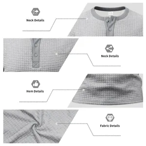 Men vintage waffle knit long sleeve henley t-shirt detail view collar hem fabric texture