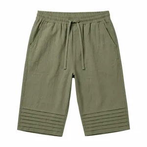 Men's green casual drawstring cargo shorts with pleated hem details for summer vacation.