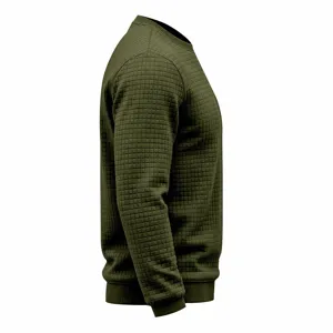 Close-up detail of men's army green waffle knit crewneck long sleeve casual t-shirt.