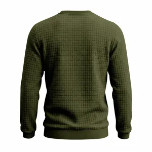 Mens autumn winter solid color long sleeve casual jacquard grid crewneck sweatshirt back view