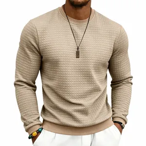 Men solid color crewneck long sleeve waffle grid casual sweatshirt for autumn and winter.