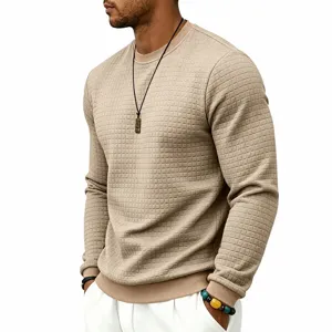 Men textured waffle knit crewneck long sleeve pullover casual slim fit beige sweatshirt detail