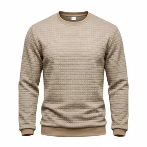 Men textured grid crewneck long sleeve sweater, khaki waffle knit pullover basic top detail.