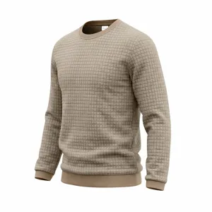 Mens casual waffle knit crewneck long sleeve sweatshirt in solid khaki for daily wear.