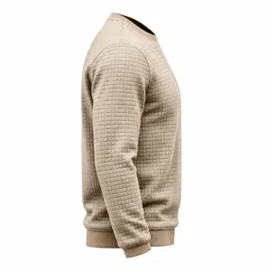 Detail view of men waffle knit crewneck sweater showcasing texture and side slim fit shape.