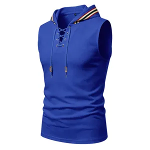 Men's waffle knit sleeveless hoodie with laced-up front and stylish striped hood trim.