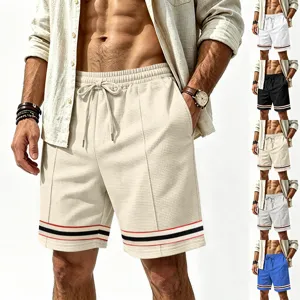 Mens Waffle Knit Casual Shorts Drawstring Striped Hem Summer Athletic Beach Pants