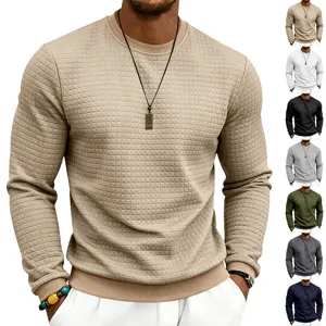 Men Casual Long Sleeve Jacquard T-Shirt Solid Color Round Neck Loose Fit Sweatshirt Polyester Top Autumn Basic Tee