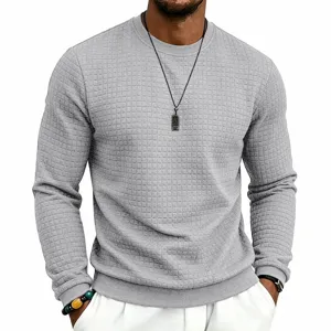 Men's casual grey crewneck long sleeve waffle grid basic pullover detail showcase.