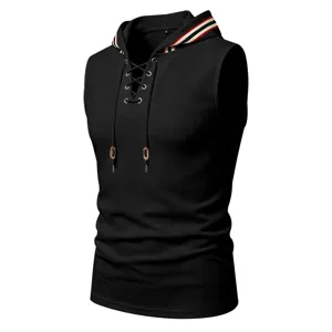 Men waffle knit sleeveless hoodie athletic tank top with contrast stripe lace-up hood