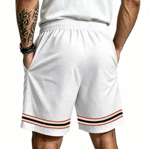 Back view of mens white waffle athletic shorts featuring contrast cuffs for summer training.