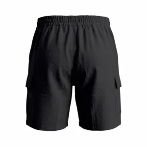 Vista detallada de pantalones cortos cargo casuales negros para hombre con bolsillos y cintura.