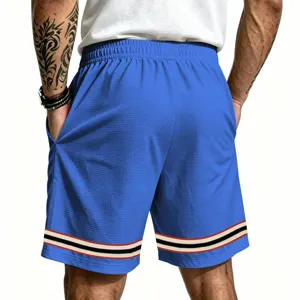 Men's casual sport shorts detail, breathable waffle fabric and stylish contrast stripe hem.