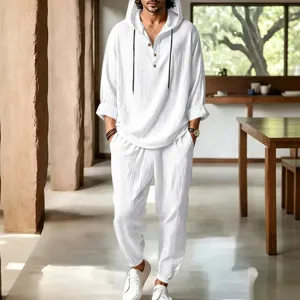 Men's Casual Linen Two Piece Set Hooded Henley Long Sleeve Top And Bottom Loose Breathable Beach Vacation Summer Outfits