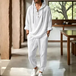 Casual men's linen hooded shirt and pants set detail view showing breathable fabric and fit.