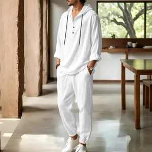 Detail view of men casual white linen hooded lounge set in indoor setting, breathable.