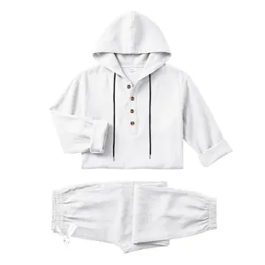 Men's breathable linen hooded henley short sleeve shirt and trousers detail view.