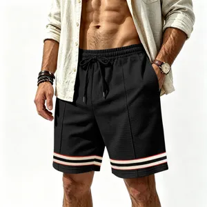 Mens casual loose waffle knit shorts with contrast striped hem athletic sportswear.