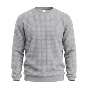 Men grey waffle knit crewneck long sleeve sweatshirt detail view, casual apparel.