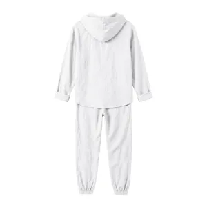 White linen long sleeve hoodie and pants set detail, casual breathable lounge wear apparel.