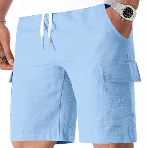 Pantalones cortos cargo casuales azul claro para hombre con cordón y bolsillos