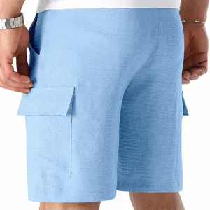 Vista detallada shorts cargo casual azul claro para hombre, playa corta multifuncional