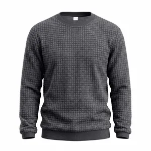 Dark grey waffle knit fabric close-up, textured crewneck detail, casual winter sweater.
