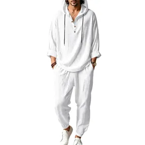 Men casual linen hoodie pants detail shot, breathable summer beach loungewear set white style