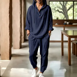 Men casual linen hooded long sleeve shirt and pants set comfortable breathable beach wear detail