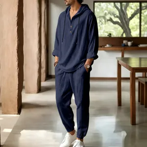 Men casual linen hooded long sleeve shirt and pants set, breathable summer beach outfit.