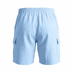 Pantalones cortos cargo casuales para hombre en azul claro con cordón elástico y bolsillos.