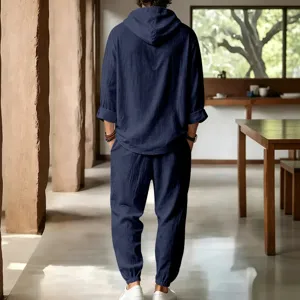 Detailed back view of men casual linen hoodie short sleeve and pants set for summer comfort.