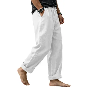 Pantaloni casual in lino bianco da uomo vista dettagliata, leggeri e traspiranti gamba dritta.