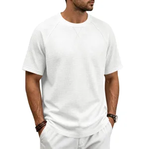 Men solid color waffle knit short sleeve T-shirt, casual breathable crewneck top.