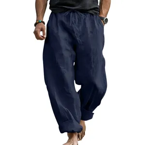 Pantaloni casual in lino da uomo gamba larga comodi traspiranti tinta unita lunghi