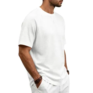 Men's white waffle knit crew neck short sleeve casual t-shirt loose breathable basic