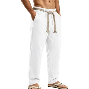 Pantalón informal de lino blanco para hombre con cordón ajuste recto para verano