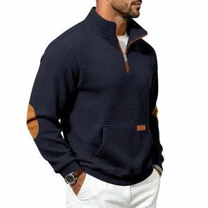 Men waffle knit quarter zip pullover sweater casual outdoor standing collar top detail view