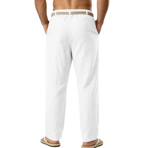 Pantalones rectos casuales de lino blanco para hombre con cinturón de cordón trenzado
