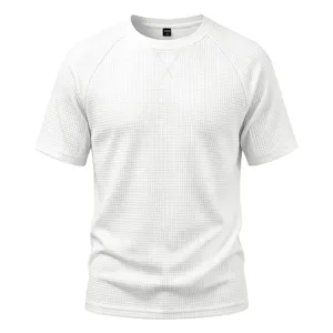 White waffle knit short sleeve t-shirt detail, casual crewneck apparel fabric close up