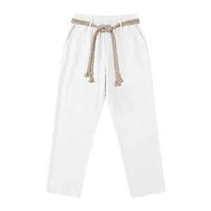 Pantalones largos rectos de lino casual blanco para hombre verano transpirable playa con cuerda